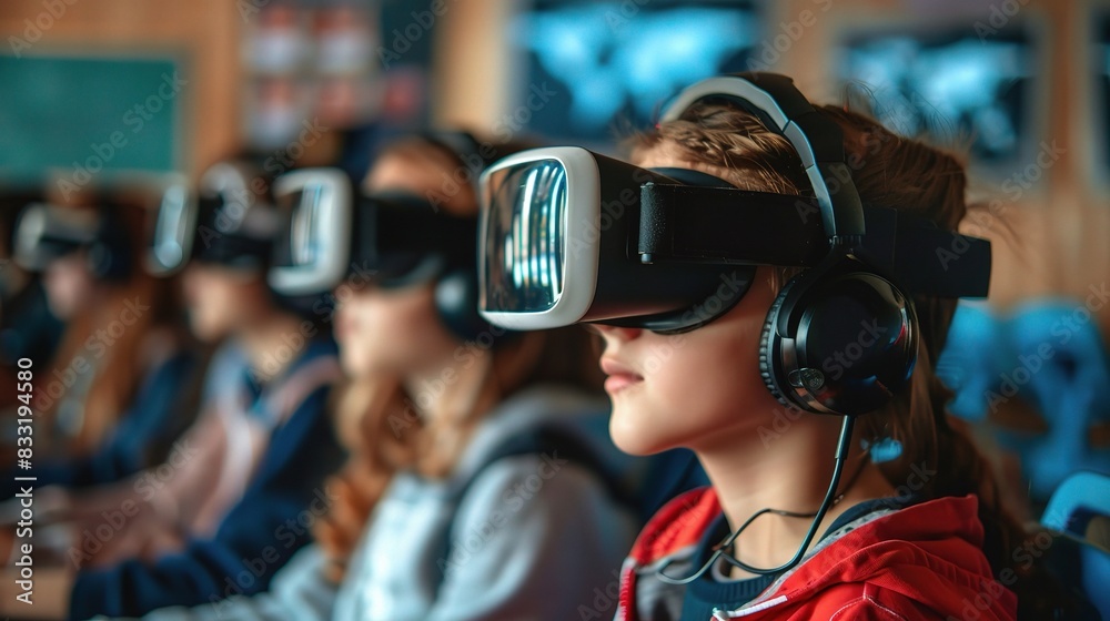 Education technology with virtual reality headsets being used in a learning environment Education technology with virtual reality headsets being used in a learning environment