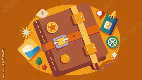 The worn leather s that held the diary closed was adorned with vintage travel charms and trinkets symbolizing the countless souvenirs collected on the. Vector illustration