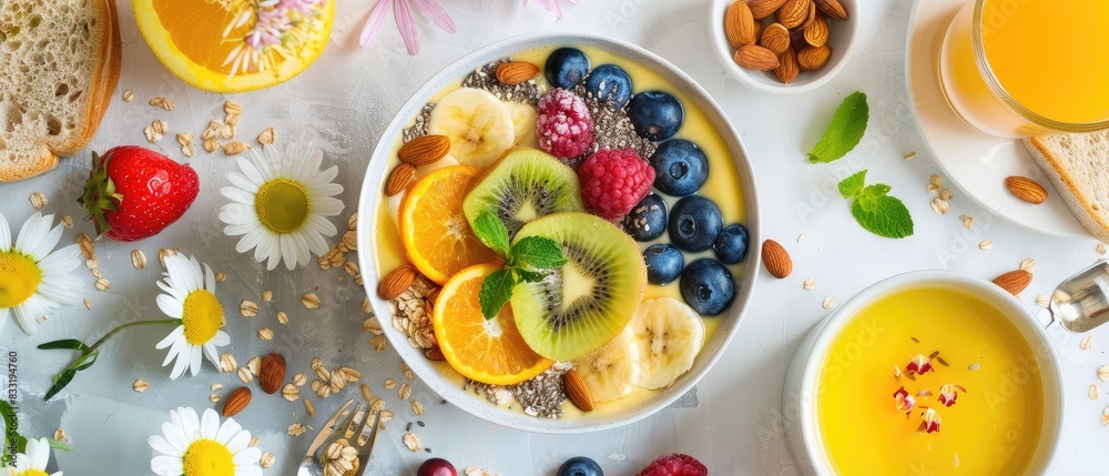 A vibrant breakfast spread featuring a bowl of fresh fruit slices including kiwi, banana, and orange, topped with nuts and seeds. A vibrant breakfast spread featuring a bowl of fresh fruit slices including kiwi, banana, and orange, topped with nuts and seeds.