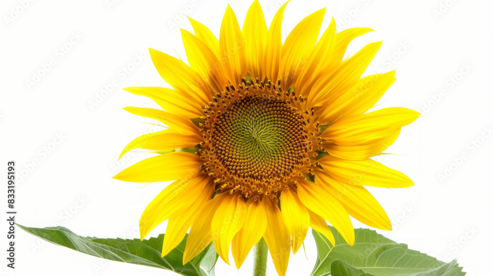 Obraz premium Bright yellow sunflower on white background. Vibrant yellow sunflower isolated on white, perfect for nature, summer, or floral themed designs.