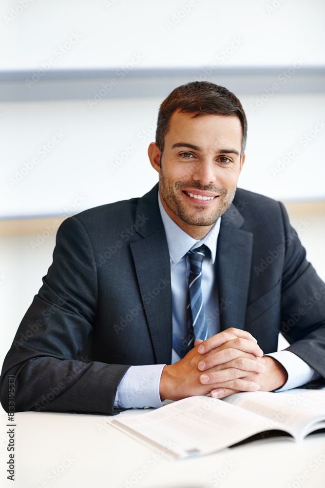 Businessman, portrait and book in office for professional development, constitution for property rights. Male attorney, education and happy for personal growth, reading values for real estate law Businessman, portrait and book in office for professional development, constitution for property rights. Male attorney, education and happy for personal growth, reading values for real estate law