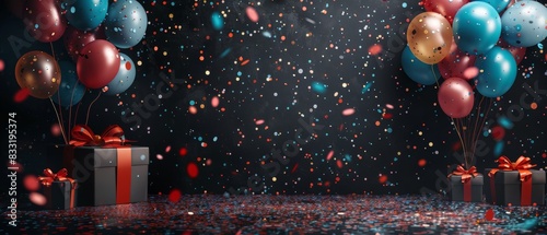 Black background, birthday celebration with balloons and confetti, gift boxes, and colorful decorations