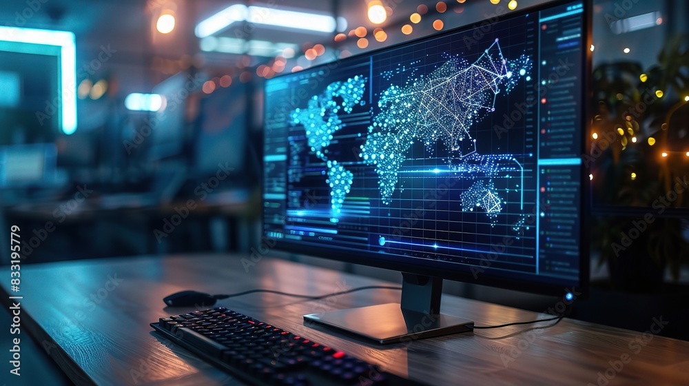 Finance technology displaying a blockchain transaction ledger on a monitor