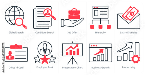 A set of 10 business and office icons as global search, candidate search, job offer