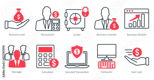 A set of 10 business and office icons as business loan, accountant, locker