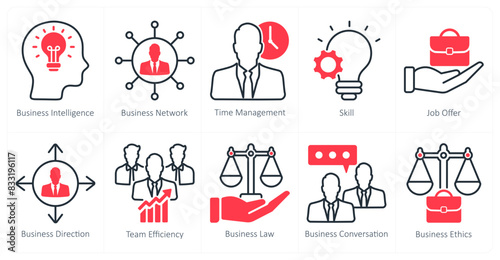 A set of 10 business and office icons as business intelligence, business network, time management