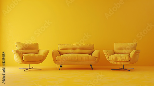 flying yellow sofa and two armchairs on the yellow background, sale concept  © Kateryna Kordubailo