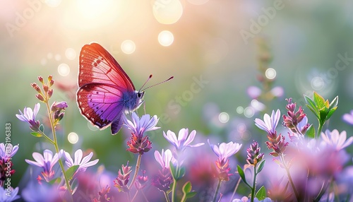 In rays of sunlight, macro image of purple butterfly on wild white violet flowers in grass. Spring summer fresh artistic beauty morning nature. Selective soft focus, meadow, close-up, vibrant colors. © Na ZIm