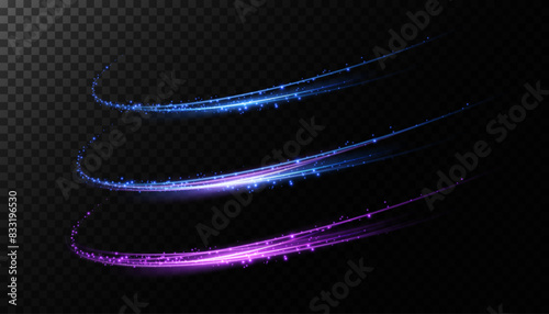 Abstract light lines of movement and speed with purple color sparkles. Light everyday glowing effect. semicircular wave, light trail curve swirl, car headlights, incandescent optical fiber.	