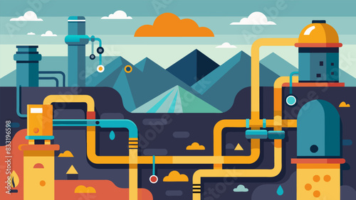 An intricate network of pipes and valves surrounding a processing plant filtering and separating valuable minerals from the rubble.. Vector illustration