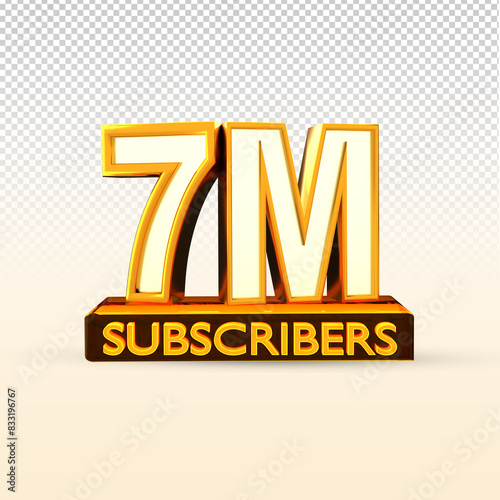 Golden 7M isolated on PNG background. 7M 3d. Thank you for 7 Million Subscribers 3D gold. 3D rendering photo