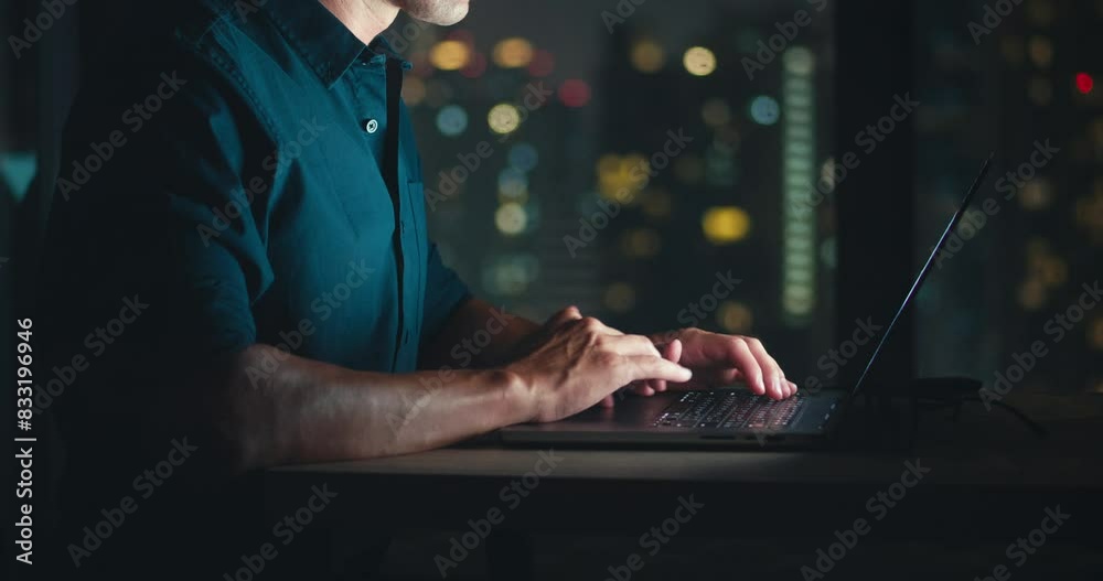 Man figure sits before computer screen programming coding hands close up programmer writes lines code typing keyboard keystroke. Person typing laptop programming coder night time home office.