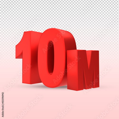 Red 10M isolated on png background. 10M 3d. Thank you for 10Million Subscribers 3D gold. 3D rendering photo