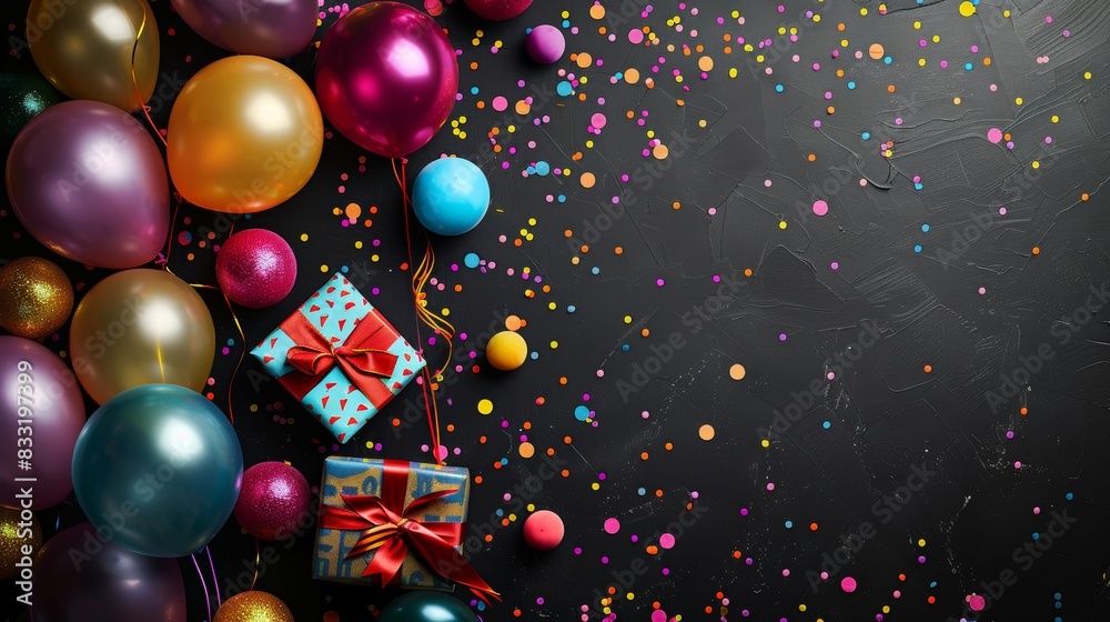 Birthday celebration with colorful balloons and confetti, black background, gift boxes, and party decorations Birthday celebration with colorful balloons and confetti, black background, gift boxes, and party decorations