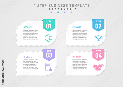 Infographic template 4 steps white square sharp corners with outline frame has Multi-colored icons on the right The squares have letters in the middle and many have white numbers. 