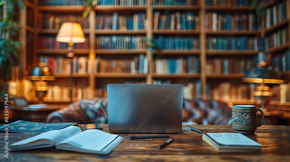 A wooden desk close-up with a laptop, open notepads, and scattered pens, set against a blurry bookshelf backdrop filled with books. A wooden desk close-up with a laptop, open notepads, and scattered pens, set against a blurry bookshelf backdrop filled with books.