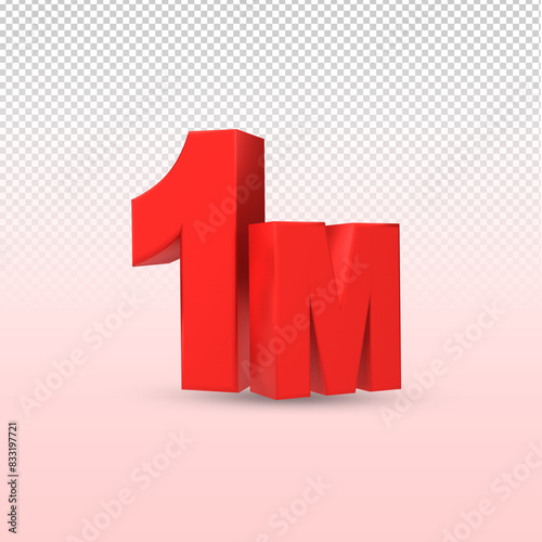 Red 1M isolated on png background. 1M 3d. Thank you for 1 Million followers 3D gold. 3D rendering photo