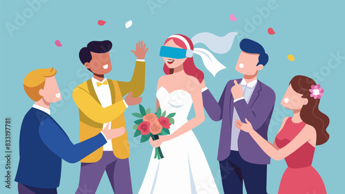 A hilarious game of pin the bouquet on the bride as the party guests compete for prizes while blindfolded.. Vector illustration