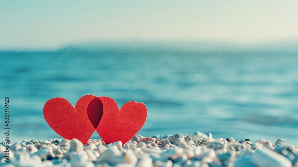 Fototapeta premium Valentine's Day background, two red paper hearts on white beach with blue sea and sky