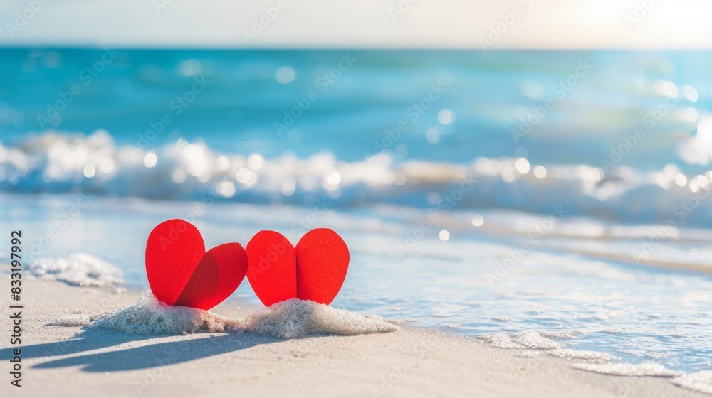 Fototapeta premium Valentine's Day background, two red paper hearts on white beach with blue sea and sky