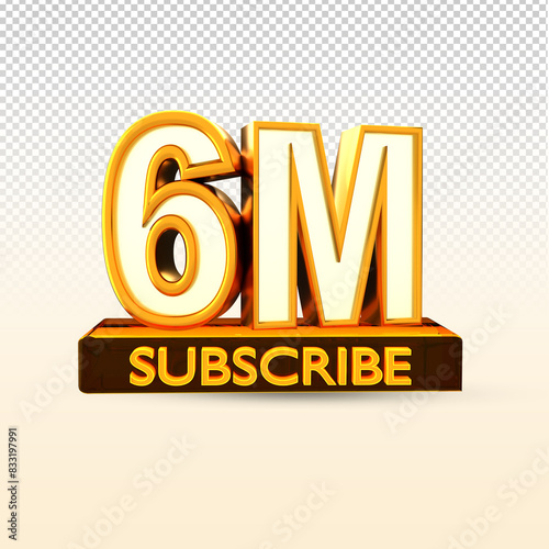 Golden 1M isolated on PNG background. 6M 3d. Thank you for 6Million Subscribers 3D gold. 3D rendering photo