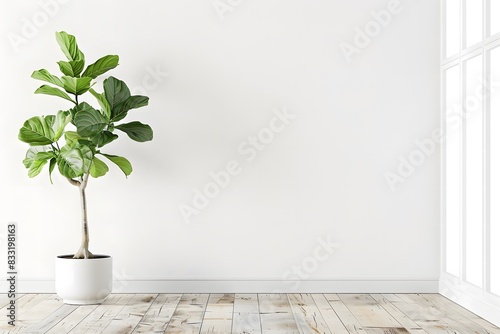 Modern empty room with parquet floor and white wall mock up. Plant against a white wall mockup. Minimalist interior design of modern living room, 3d rendering illustration.