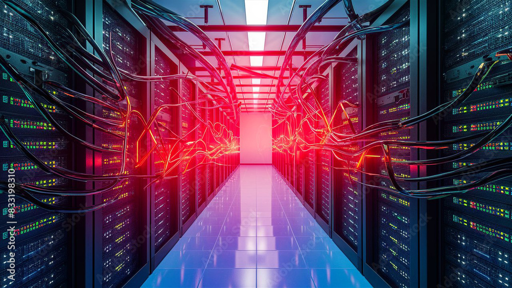 A backdrop of a server room with network cables and lights, network, dynamic and dramatic compositions