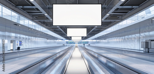 Modern baggage claim area in an airport with an ultra-wide blank billboard, uncluttered and spacious.