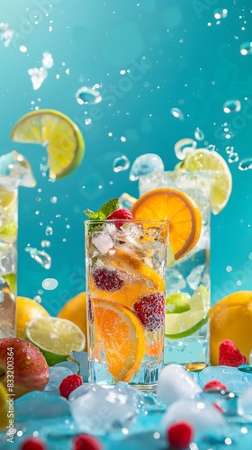 Two tall glasses of fruity drinks with raspberries, lime, mint, and orange slices, captured mid-splash against a blue background