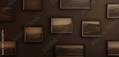 Gallery with small landscape frames arrayed on a dark chocolate wall, creating a rich, inviting space. photo