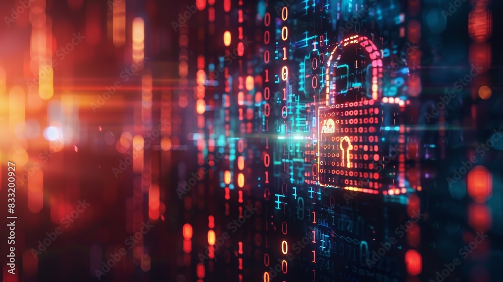 A glowing padlock icon in front of a digital background with binary code, representing data security and protection. A glowing padlock icon in front of a digital background with binary code, representing data security and protection.