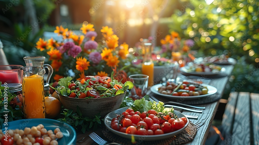 Close view of a picnic table with a cheerful setup of colorful dishes and a lush salad, contrasted against the gentle blur of a green garden. Close view of a picnic table with a cheerful setup of colorful dishes and a lush salad, contrasted against the gentle blur of a green garden.