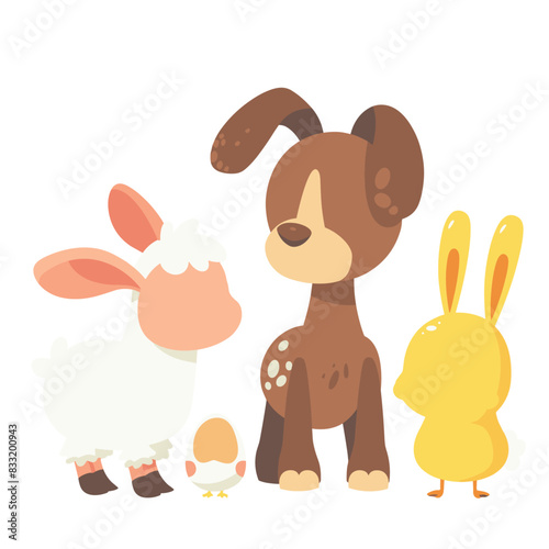 farm scene with a dog, sheep, rabbit, and chicken