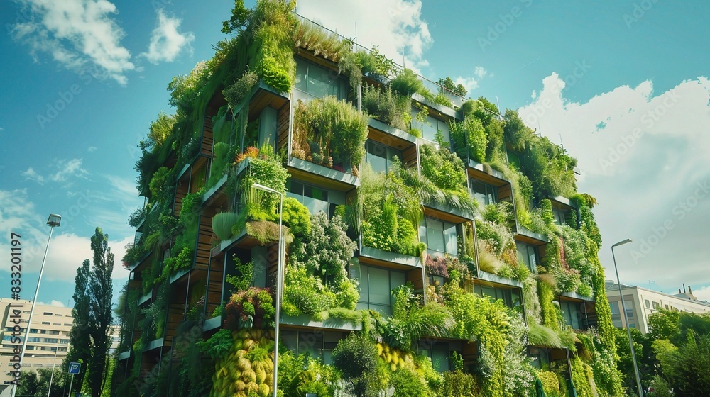Green technology featuring a rooftop garden with solar panels on a sunny day