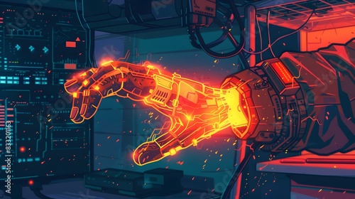 Futuristic illustration of a glowing robotic hand in a high-tech lab showcasing advanced technology and cybernetic innovation.