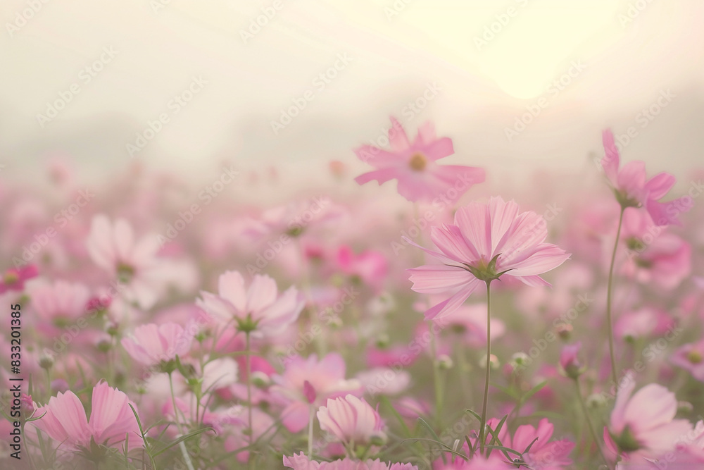 A field of pink cosmos flowers gently swaying in the wind. A field of pink cosmos flowers gently swaying in the wind.
