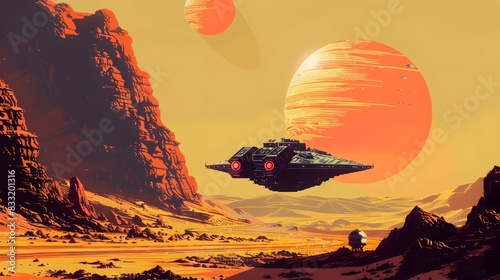Spaceship Hovering Over Alien Desert with Two Suns
