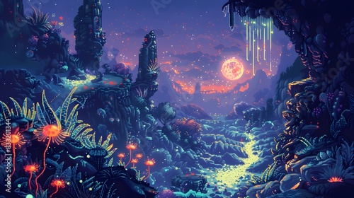 Magical fantasy landscape featuring glowing plants, a flowing stream, and a misty moonlit sky resembling an enchanting alien world.