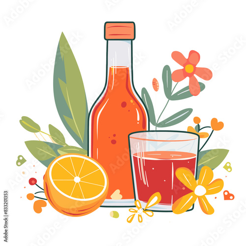 photorealistic image of a bottle and a glass of orange juice