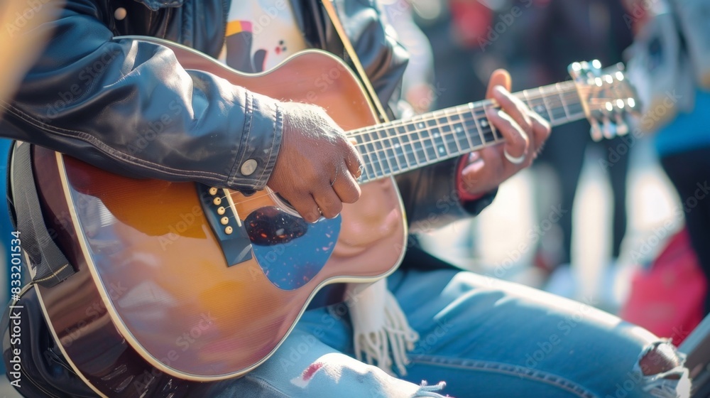 Obraz premium Street Musician Playing Acoustic Guitar for Outdoor Crowd in Sunlit Setting