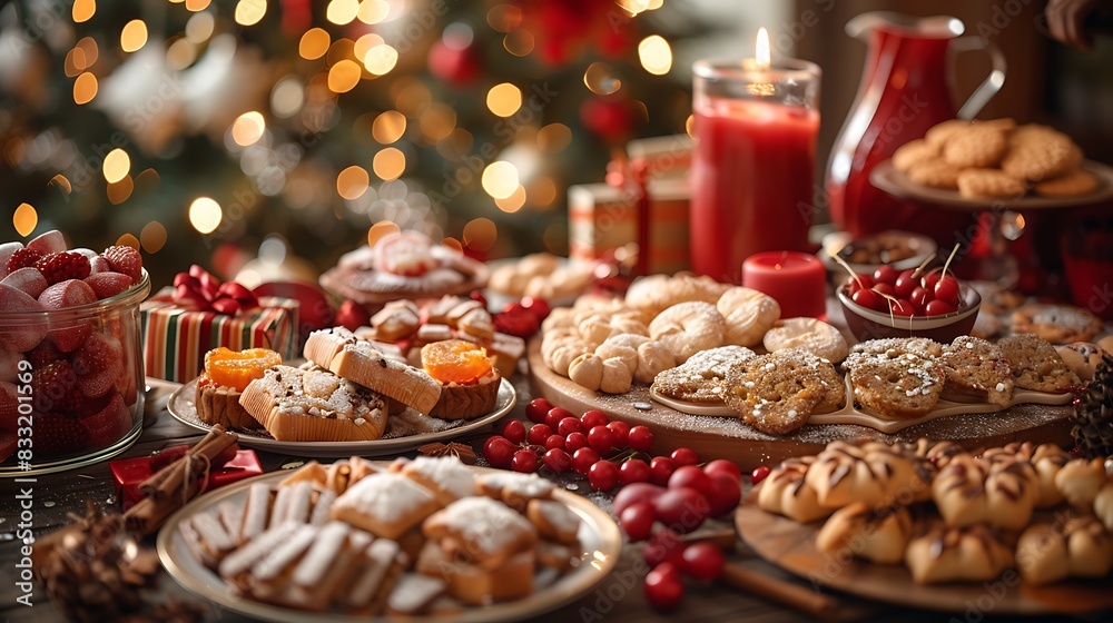 Detailed close-up of a festive holiday table with colorful decorations, a spread of seasonal treats, and neatly wrapped presents, set against a gentle blur of a richly decorated Christmas tree. Detailed close-up of a festive holiday table with colorful decorations, a spread of seasonal treats, and neatly wrapped presents, set against a gentle blur of a richly decorated Christmas tree.
