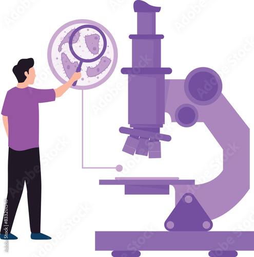 A boy is doing a microscopic study of germs on a microscope.