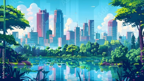Pixelated City Skyline Reflected in a Serene Lake