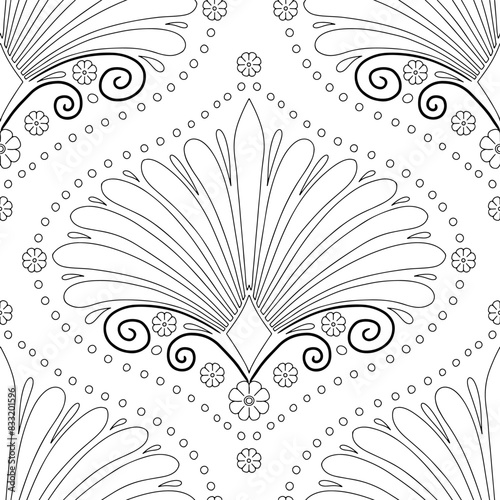 Seamless pattern with black and white monochrome floral ogee and anthemion geometrical motifs on a white background. Minimalist classic abstract repeat wallpaper. (ID: 833201596)