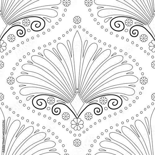 Seamless pattern with black and white monochrome floral ogee and anthemion geometrical motifs on a white background. Minimalist classic abstract repeat wallpaper.