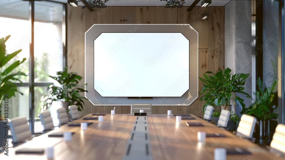Corporate boardroom equipped with a blank hexagonal TV for strategic use. Corporate boardroom equipped with a blank hexagonal TV for strategic use.