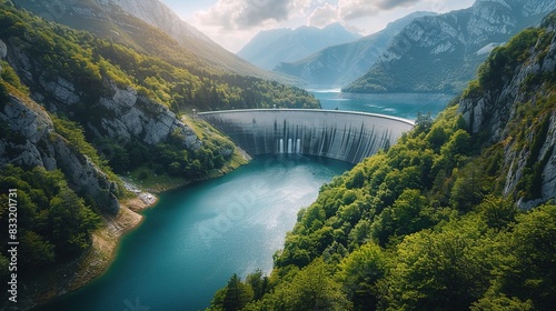 Green technology with a hydroelectric dam generating power in a serene landscape