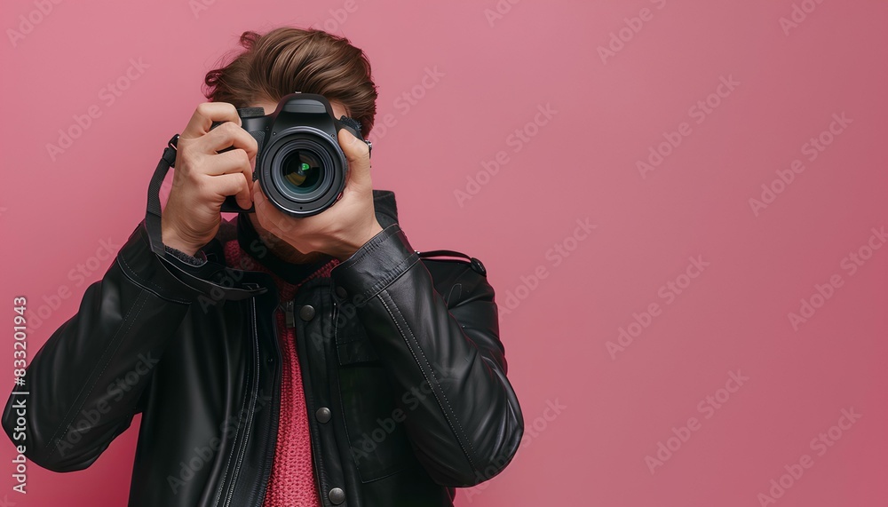 Professional photographer taking photos with a pro camera isolated on pastel background , copy space, temple design, World Photography Day concept Professional photographer taking photos with a pro camera isolated on pastel background , copy space, temple design, World Photography Day concept