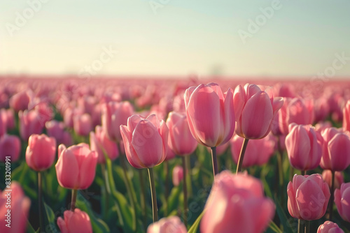 A field of pink tulips stretching towards the horizon.