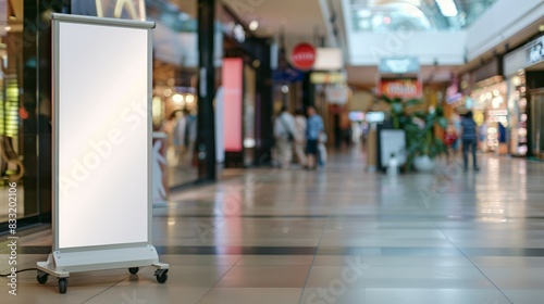 Mockup of blank white vertical indoor advertising roll up stand in shopping centre photo